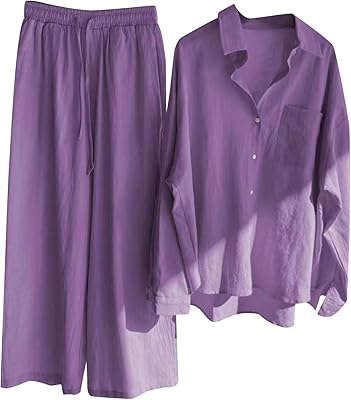 Fall Linen Sets for Women 2 Piece Outfit Dressy Casual Long Sleeve Button down Shirt Wide Leg Pants Suit Loungewear