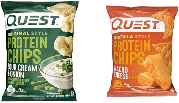 Quest Nutrition Protein Chips, Sour Cream & Onion, High Protein, Low Carb, Pack of 12 & Tortilla Style Protein Chips, Low Carb, Nacho Cheese 1.1 Ounce (Pack of 12)