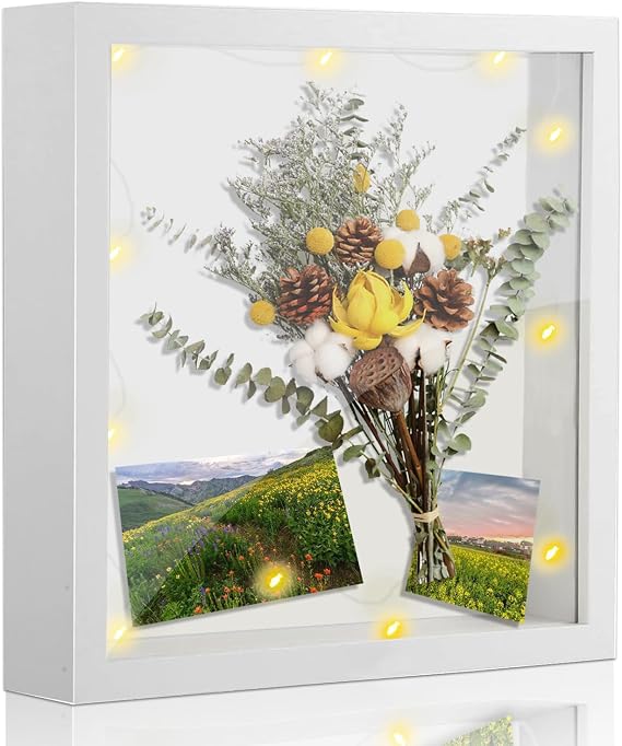 Shadow Box Frame 8x8 Shadow Boxes Display Case, White Shadowbox Picture Frame with LED Lights and Hook, 1.2-Inch Deep Shadow Box for Pet Memorial, Dried Flower, Crafts, Wedding